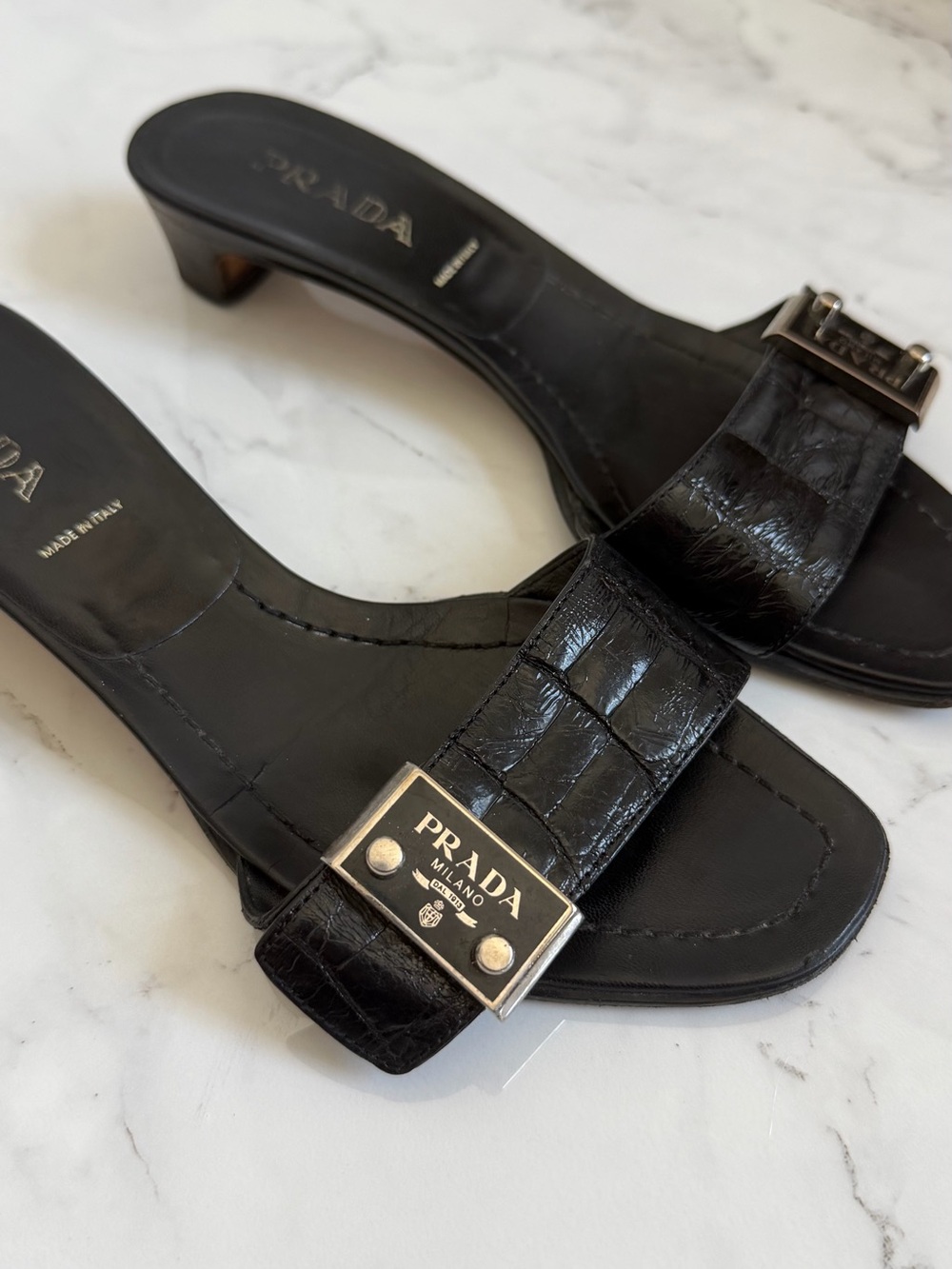 Rare Vintage Prada Black Logo Plate Croc Embossed Kitten Heel Mules